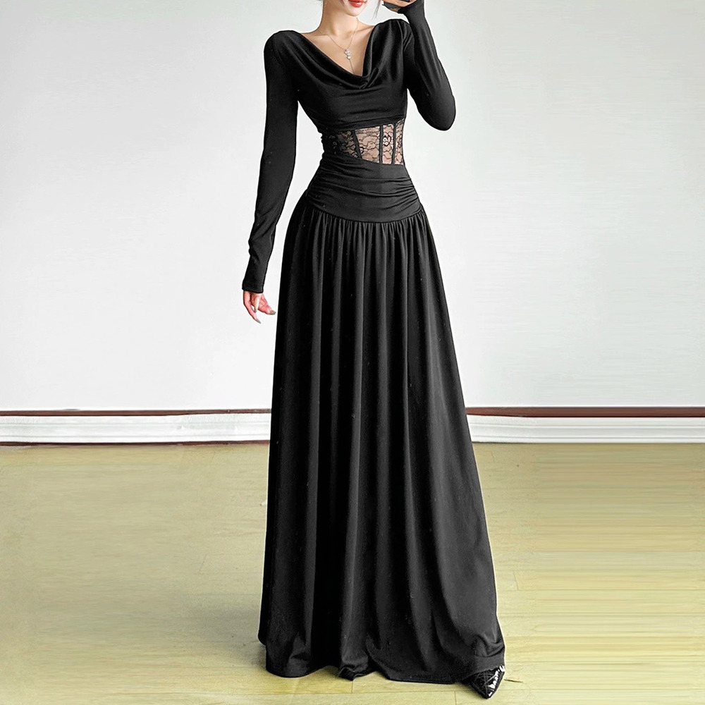 Zara Spring Fitted Cowl Neck Long Sleeve Lace Cutout Patchwork Dress